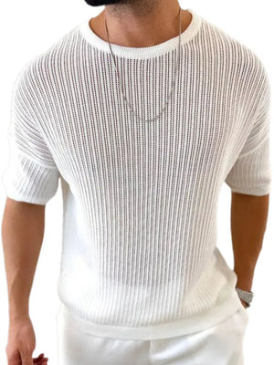 White open-knit boxy sleeve sweater with vertical ribbing and a crew neck.