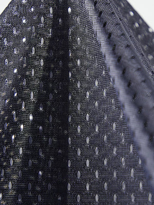 Dark blue mesh men's vest with oval perforations, showing fabric detail.