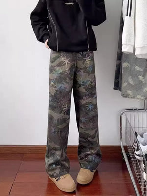 Camouflage wide-leg jeans with star accents, cotton blend, button fly.