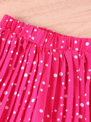 Pink polka dot baby pants with elastic waistband and pleated detail.