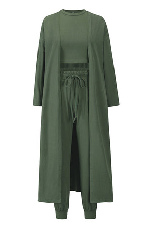 Army green loungewear set with long cardigan, crop top, and drawstring pants