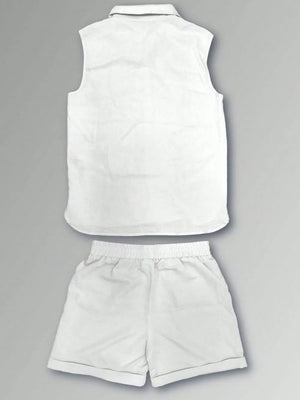 White sleeveless collared vest and elastic waist shorts set