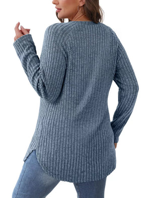 Light Blue ribbed knit long sleeve maternity t-shirt with crew neck and curved hem.