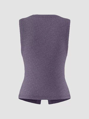 Dark Purple ribbed button-front fitted tank top with a split hem.