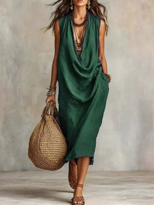 Full Size Cowl Neck Sleeveless Midi Dress in Black, close-up detail