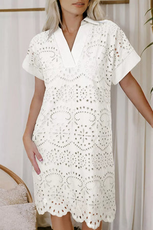 White eyelet embroidered cotton mini dress with V-neck and short sleeves.