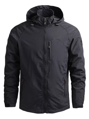 Men's black hooded zip jacket with adjustable drawstring and zippered pockets.