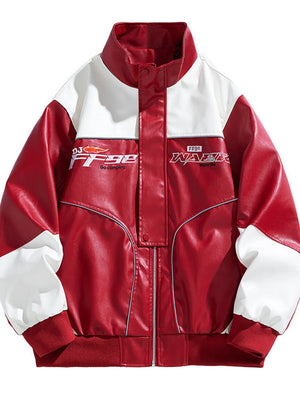 Red and white colorblock leather jacket with racing-inspired graphics and stand-up collar.