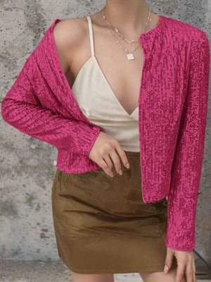 Hot Pink sequin bolero jacket with long sleeves and a collarless neckline.