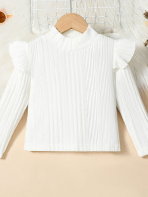 White ribbed knit baby top with ruffled sleeves and mock neck