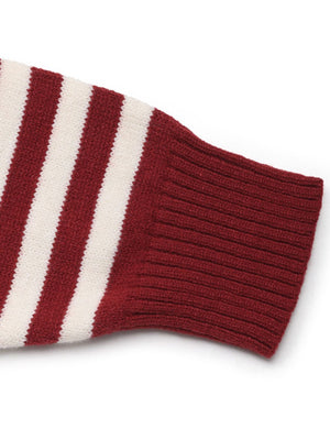 Burgundy and white striped knit hoodie sleeve with ribbed cuff detail