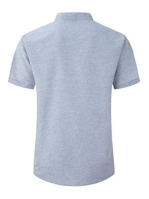 Light blue linen blend henley shirt with mandarin collar and short sleeves