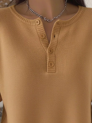 Buttoned long-sleeve knit top in brown with a henley neckline and button detail.