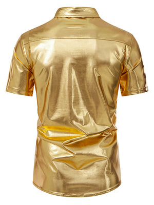 Gold metallic button-up shirt with short sleeves and a classic collar.