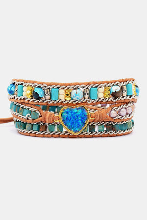 Bohemian wrap bracelet with teal heart detail, beads and chain accents