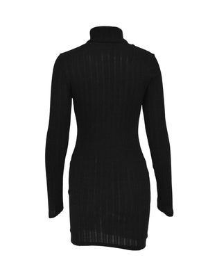 Black ribbed turtleneck bodycon mini dress with long sleeves.