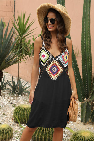 Black crochet yoke cover-up dress with colorful squares and spaghetti straps.