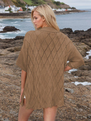 Caramel diamond knit collared cardigan shirt with short sleeves and open knit detail.