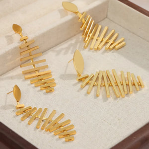 Gold geometric steel fishbone drop earrings with modern design