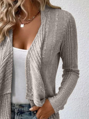 Ribbed waterfall cardigan jacket in mocha with a draped open front and long sleeves.