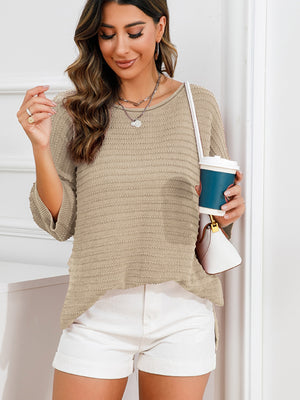 Tan textured knit sweater with boat neck and slit hem, 3/4 sleeves