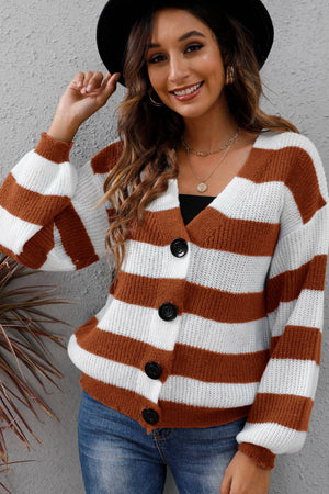 Chunky stripe cardigan with balloon sleeves in brown and white acrylic, featuring button closure.