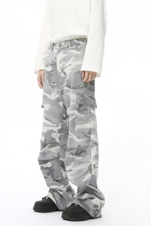 Gray camouflage cargo pants with multiple pockets and a relaxed fit.