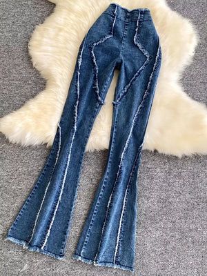 Chic raw hem denim flare pants with distressed seam details.