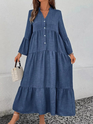 Blue tiered ruffle hem V-neck dress with button front and bell sleeves.