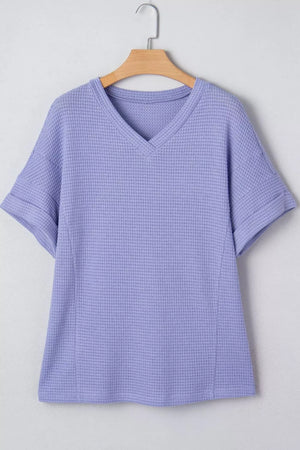 Relaxed V-neck waffle knit t-shirt in Blue Purple with cuffed short sleeves.