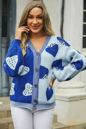 Royal blue and light blue acrylic cardigan with strawberry pattern, V-neck, button front
