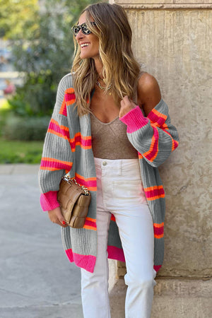 Colorblock stripe open cardigan in grey with pink and orange stripes, acrylic knit.