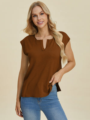 Keyhole neckline knit tee in caramel acrylic with short sleeves and a relaxed fit.