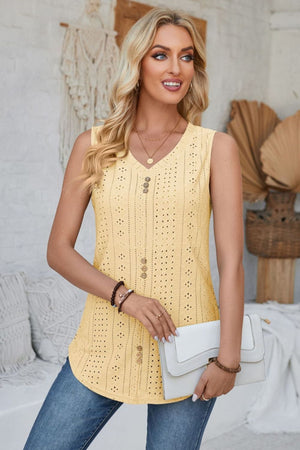 Light Yellow perforated button-down sleeveless top with V-neck and eyelet detail.