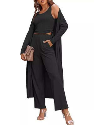 Round Neck Tank Cardigan Pants Set, model styling view