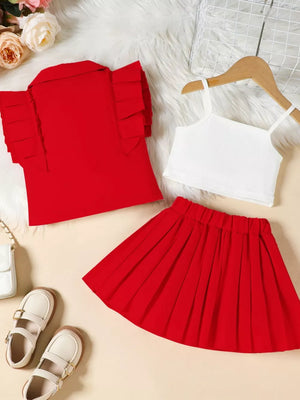 Red toddler three-piece outfit with ruffled short-sleeve collared top, white cami, and pleated skirt.