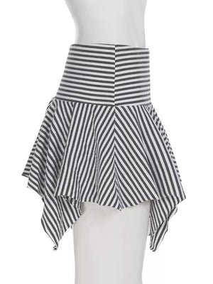 Asymmetrical hem mini skirt with black and white stripes and a flared silhouette.