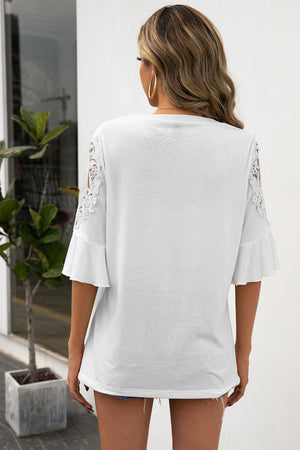 White lace cutout sleeve blouse with ruffle bell sleeves