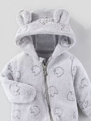 Gray plush hooded one-piece with bear ears and elephant pattern, full zip closure.