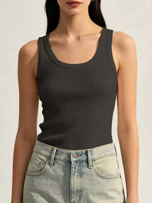 Ribbed Knit U-neck Tank in White, back view
