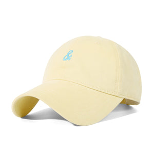 Yellow cotton baseball hat with blue embroidered logo