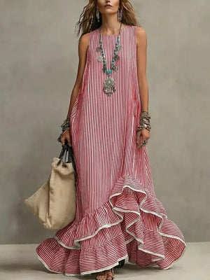 Striped Ruffle Hem Maxi Dress in Blue, close-up detail
