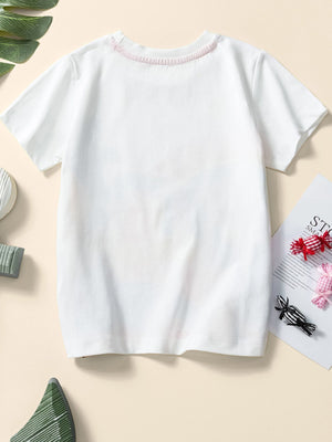 White cotton crew neck t-shirt with pink ruffled neckline detail.
