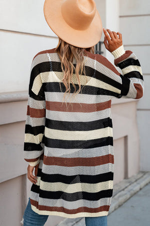 Multicolor open knit duster cardigan with horizontal stripes and a relaxed fit.