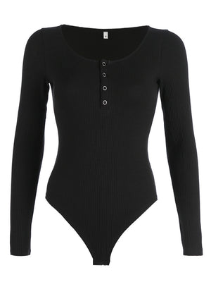 Black ribbed long sleeve Henley bodysuit with button detail