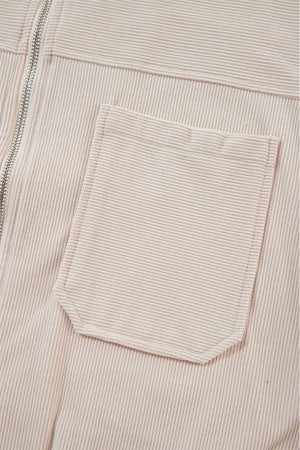 Cream corduroy bomber hoodie with a chest pocket and zipper detail.