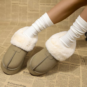 Plush suede platform slippers in matcha green with cream faux fur trim and white slouch socks