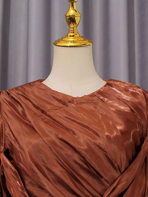 Brown ruched bodice maxi dress with twisted draped detail