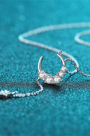 Silver celestial crescent moon pendant necklace with moissanite charms