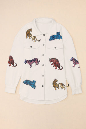 White quilted overshirt with colorful embroidered tiger patches and button front.